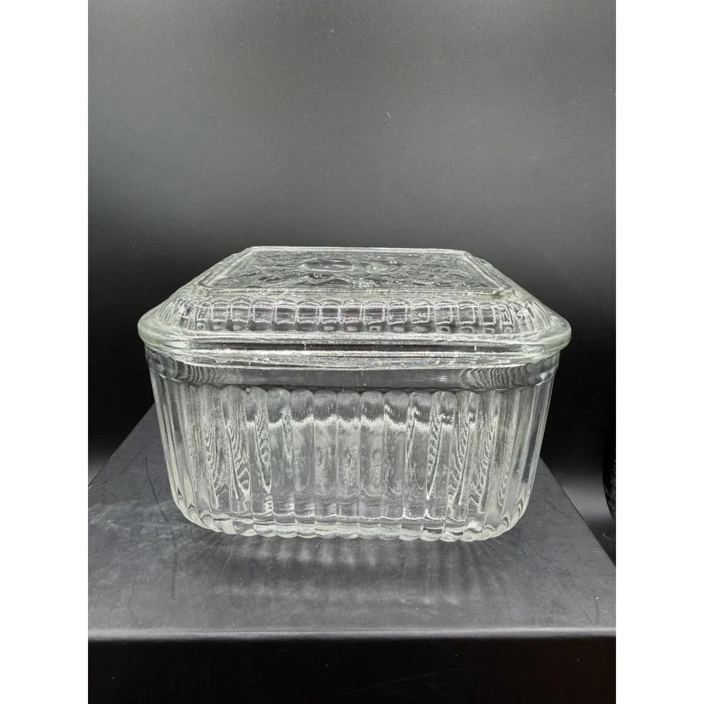 🍇Vintage Anchor Hocking Ribbed Glass Refrigerator Dish w/ Lid - Fruit Accents